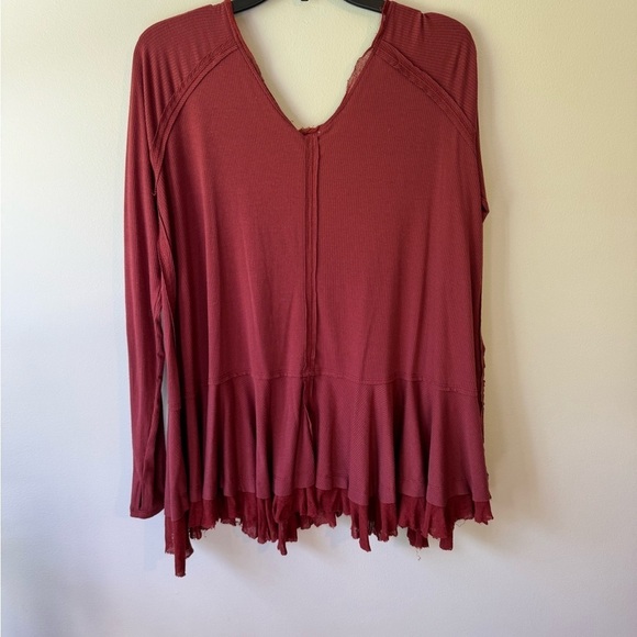 We The Free Peplum V Neck Ribbed Top Maroon Long Sleeve Raw Edges Detail - Picture 9 of 13